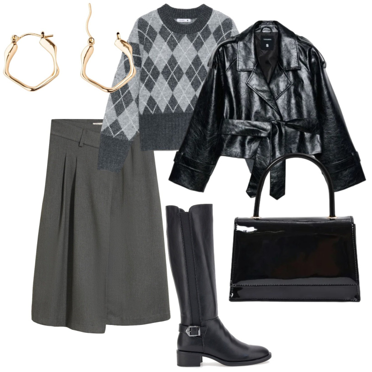 Outfit donna - Il mio essenziale. per Tutti i giorni. Abbinamento con borse a mano, maglieria, trench, stivali sopra il ginocchio, gonne longuette, orecchini.