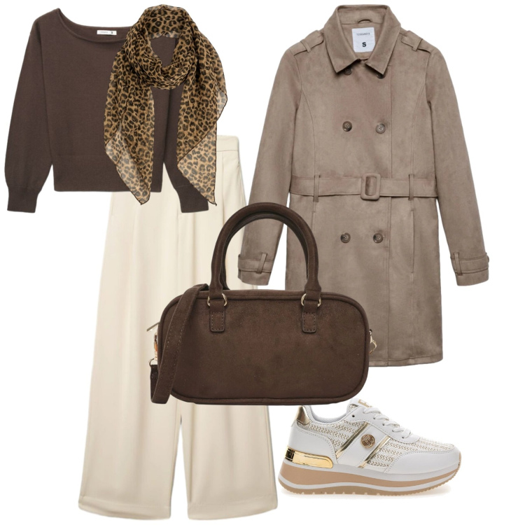 Outfit donna - Di giorno. per Tutti i giorni. Abbinamento con foulard, pantaloni a palazzo, maglieria, borse a tracolla, trench, sneakers.