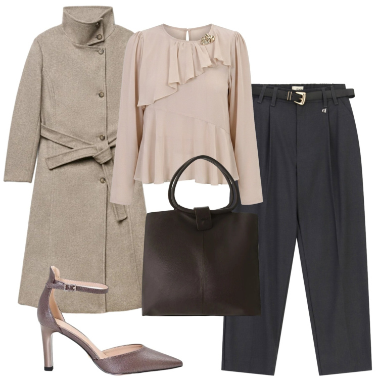 Outfit donna - In ufficio il venerdì. Stile Casual chic per Ufficio. Abbinamento con décolleté, bluse, borse a spalla, pantaloni, cappotti.