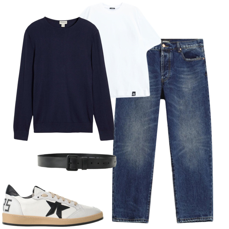 Outfit uomo - Cify. Stile Casual per Tutti i giorni. Abbinamento con sneakers, cinture, jeans dritti, t-shirt, maglieria.