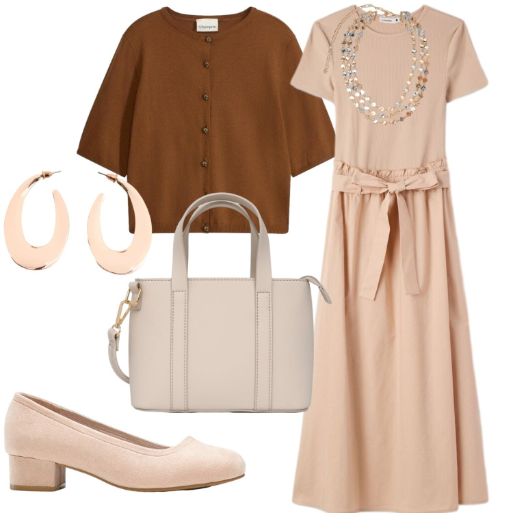 Outfit donna - Ufficio. Stile Casual chic per Ufficio. Abbinamento con collane, vestiti lunghi, borse a tracolla, décolleté, cardigans, orecchini.