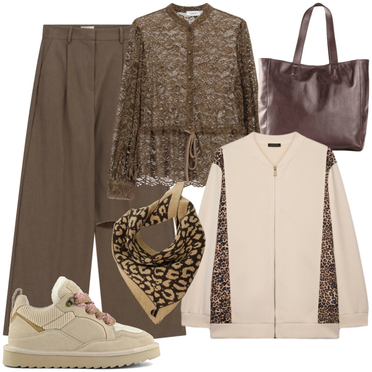 Outfit donna - Chic e casual. Stile Casual chic per Tutti i giorni. Abbinamento con felpe, bluse, foulard, pantaloni a palazzo, sneakers alte, shopping bag.
