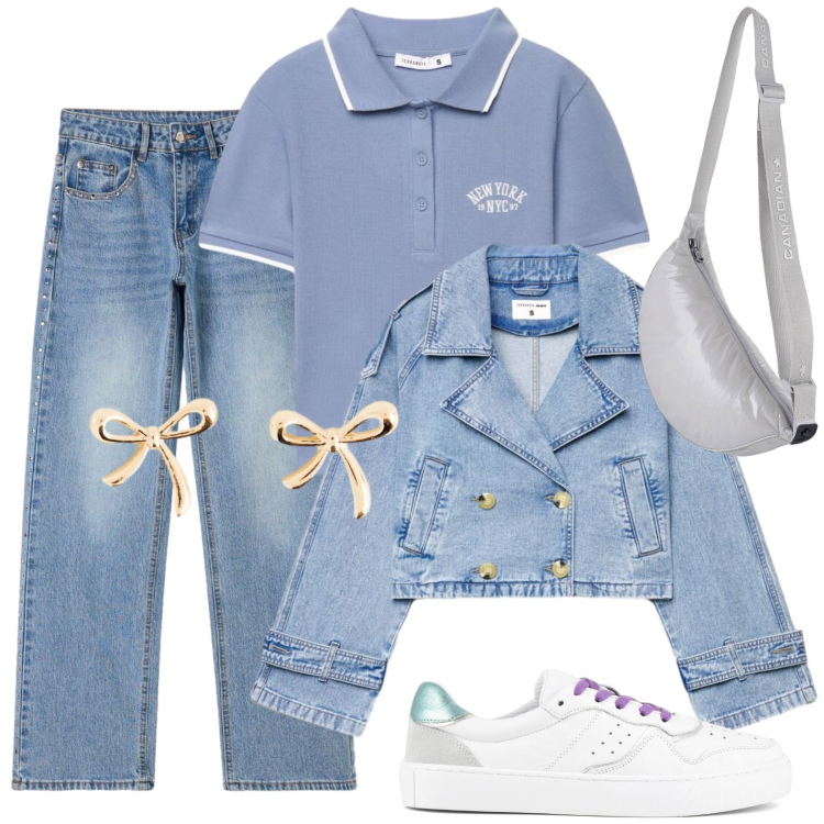 Outfit donna - Denim. Stile Casual per Tutti i giorni. Abbinamento con borse a tracolla, caban, jeans, polo, sneakers, orecchini.