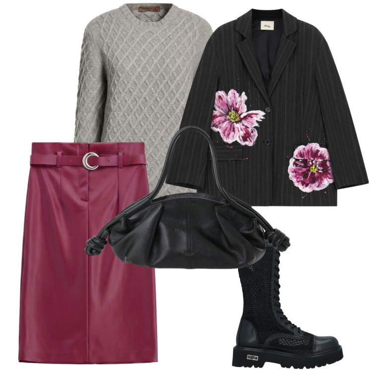 Outfit donna - Pelle e fiori. per Ufficio. Abbinamento con gonne longuette, borse a mano, blazer, stivali, pullovers.