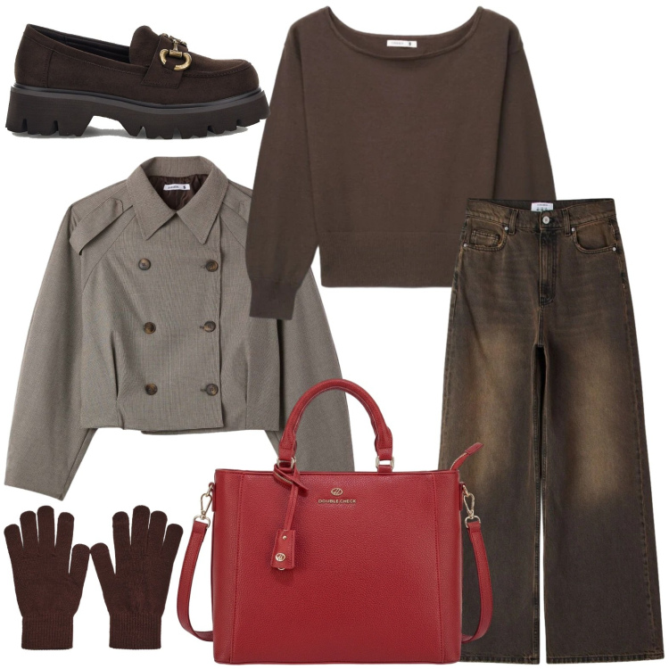 Outfit donna - Terranova - Fall Mid Season Sale. Stile Casual per Tutti i giorni. Abbinamento con jeans, maglieria, caban, guanti, mocassini, borse a tracolla.