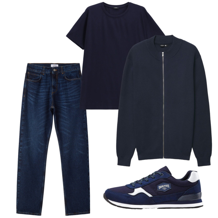 Outfit uomo - Blue. Stile Casual per Tutti i giorni. Abbinamento con t-shirt, jeans dritti, cardigans, sneakers.