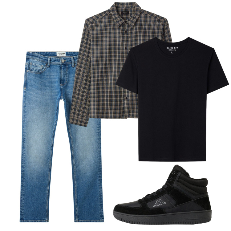 Outfit uomo - Ottobre. Stile Urban per Tutti i giorni. Abbinamento con jeans, camicie, t-shirt, sneakers alte.