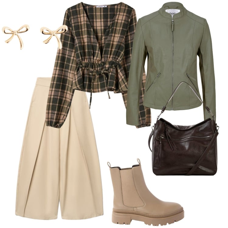 Outfit donna - Comodo autunno. per Tutti i giorni. Abbinamento con camicie, pantaloni a palazzo, blazer, stivaletti, orecchini, borse a tracolla.