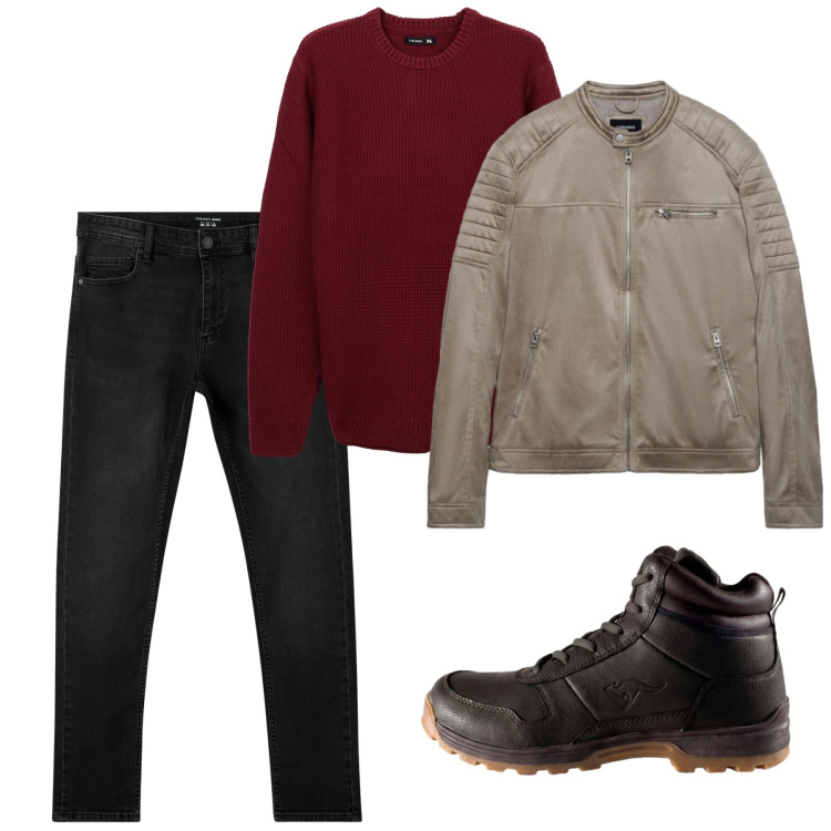 Outfit uomo - Fine ottobre. Stile Casual per Tutti i giorni. Abbinamento con jeans skinny, maglieria, giacche, stivali e stivaletti.