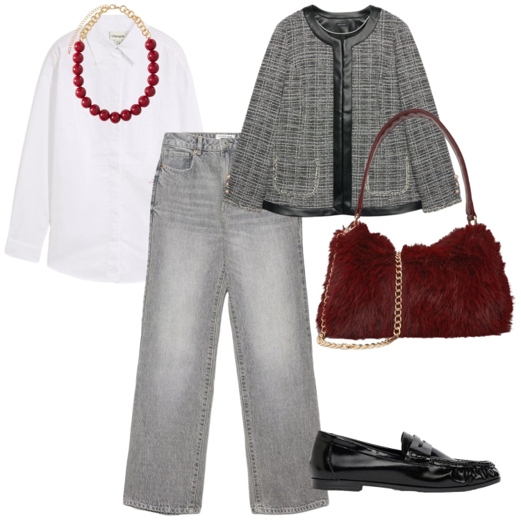 Outfit donna - In ufficio in denim. per Ufficio. Abbinamento con blazer, collane, jeans dritti, borse a spalla, camicie, mocassini.