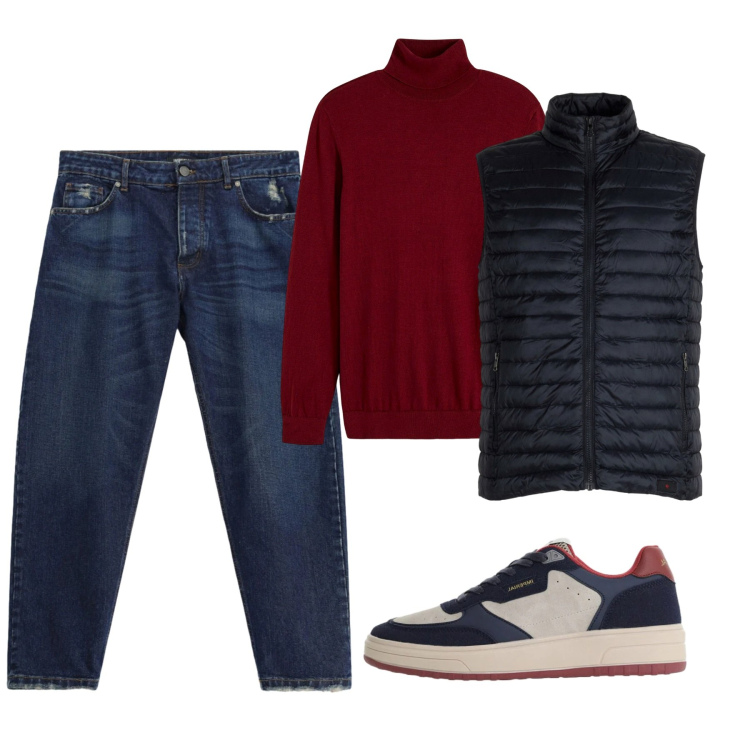 Outfit uomo - Il primo pullover invernale. Stile Casual per Tutti i giorni. Abbinamento con jeans, sneakers, piumini, maglieria.
