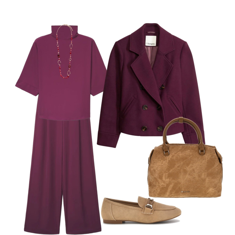 Outfit donna - Autunno vinaccia. Stile Basic per Tutti i giorni. Abbinamento con collane, pantaloni a palazzo, bluse, mocassini, borse a tracolla, blazer.