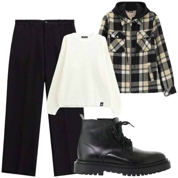 Outfit uomo - Total look #2492573. Stile Trendy per Tutti i giorni. Abbinamento con anfibi, pantaloni, maglieria, cappotti.