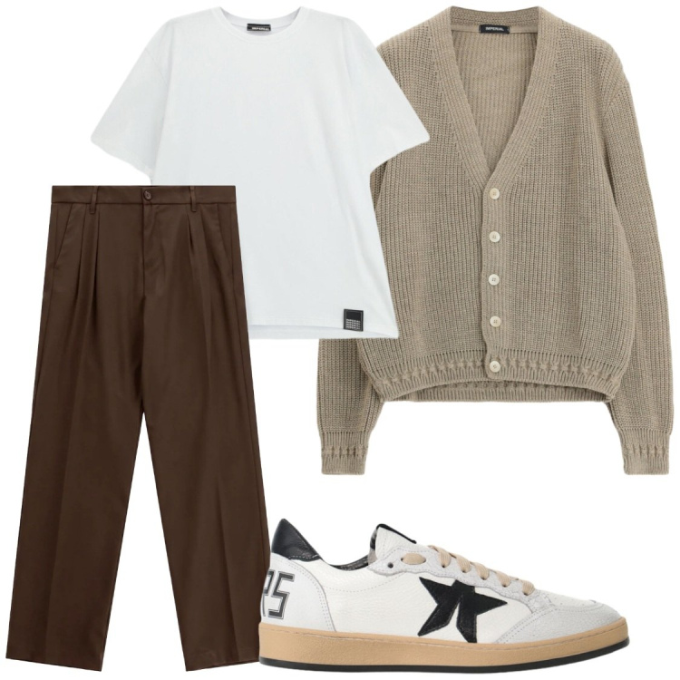 Outfit uomo - Total look #2492574. Stile Trendy per Tutti i giorni. Abbinamento con sneakers, cardigans, t-shirt, pantaloni.