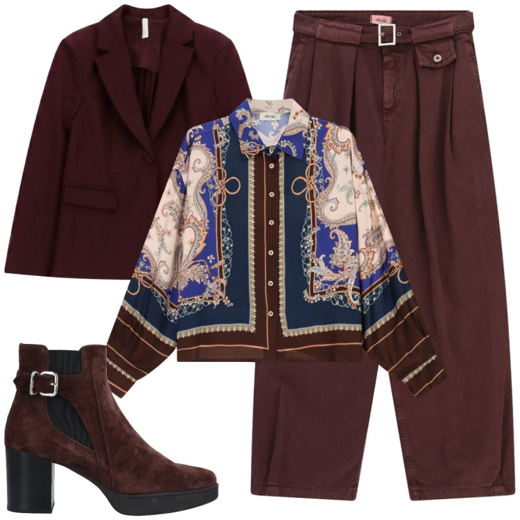 Outfit donna - Total look #2492578. Stile Chic per Ufficio. Abbinamento con blazer, camicie, pantaloni a palazzo, stivaletti chelsea.