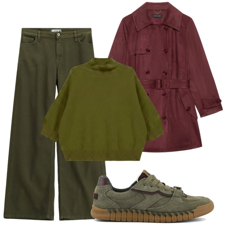 Outfit donna - Verde e bordeaux. Stile Chic per Ufficio. Abbinamento con maglieria, trench, pantaloni a palazzo, sneakers.