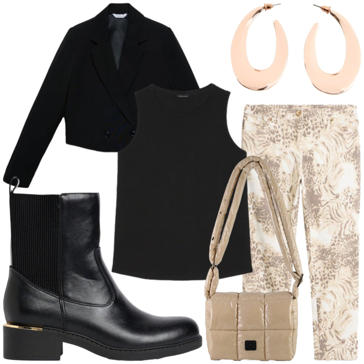Outfit donna - Casual. Stile Casual per Tutti i giorni. Abbinamento con canottiere, borse a spalla, blazer, pantaloni, stivaletti, orecchini.