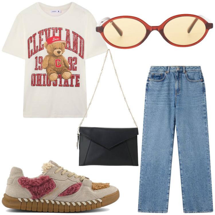 Outfit donna - Red. Stile Casual per Tutti i giorni. Abbinamento con borse a tracolla, occhiali da sole, jeans dritti, t-shirt, sneakers.