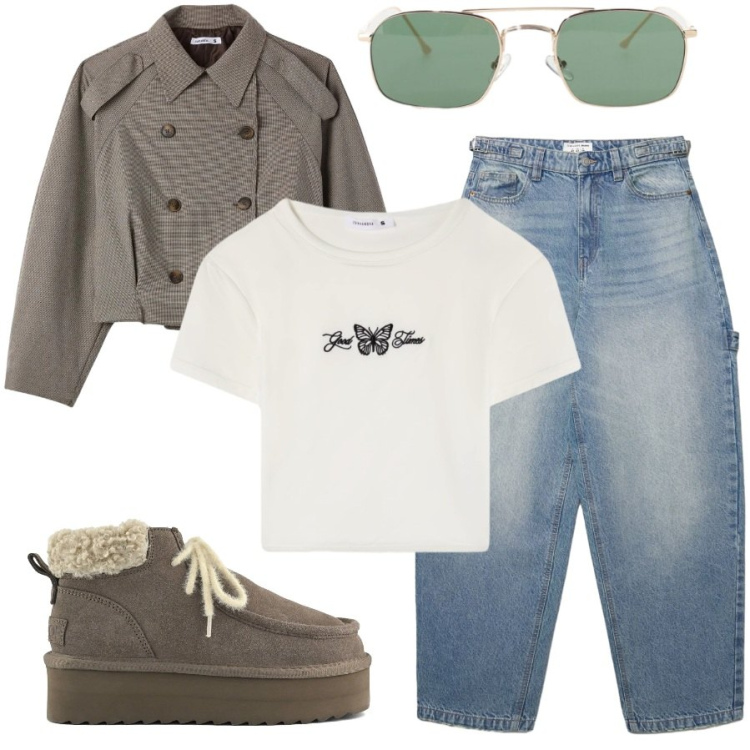 Outfit donna - Trendy con TERRANOVA. Stile Casual per Tutti i giorni. Abbinamento con occhiali da sole, caban, t-shirt, jeans, stivali.