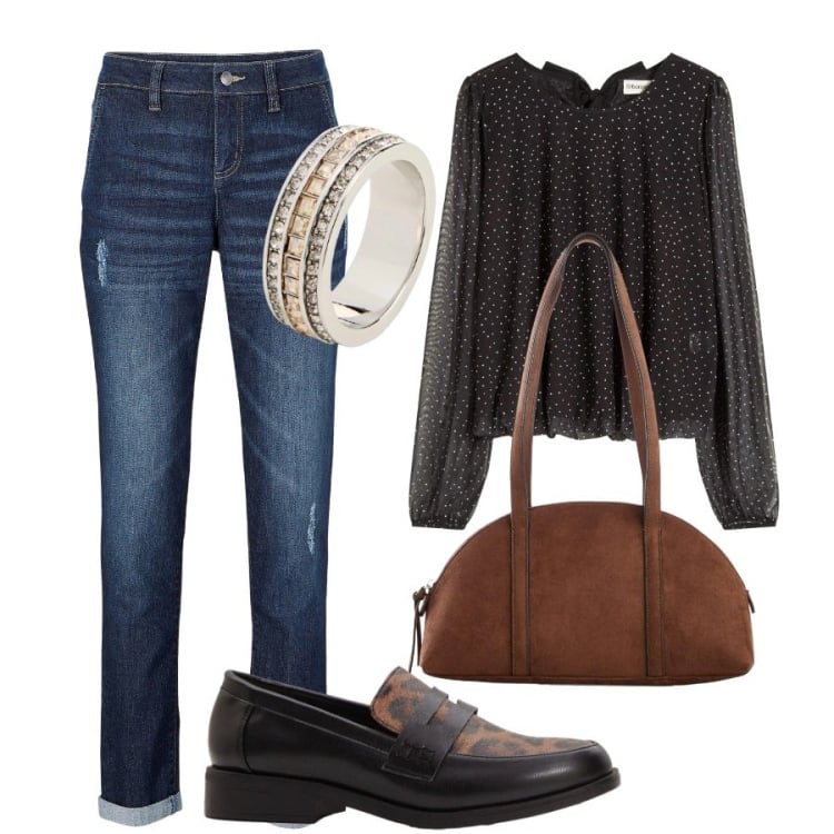 Outfit donna - Stilosa con Bonprix. Stile Trendy per Ufficio. Abbinamento con maglieria, mocassini, borse a tracolla, jeans boyfriend, anelli.