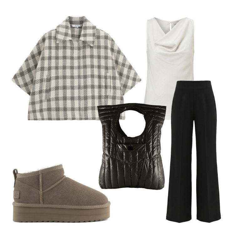 Outfit donna - Ufficio ottobre. Stile Glamour per Ufficio. Abbinamento con cappotti, pantaloni, canottiere, borse a mano, stivaletti.