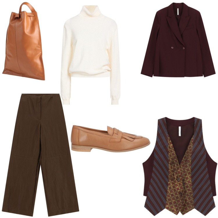 Outfit donna - Marrone su marrone. Stile Casual per Ufficio. Abbinamento con gilet, blazer, pantaloni a palazzo, maglieria, zaini, mocassini.