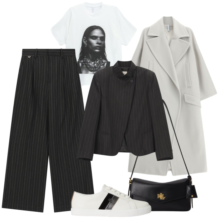 Outfit donna - Mixare il completo sartoriale. Stile Casual chic per Tutti i giorni. Abbinamento con cappotti, t-shirt, borse a spalla, sneakers, pantaloni a palazzo, blazer.