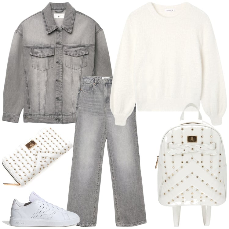Outfit donna - Grey & White Terranova Sale. Stile Casual per Tutti i giorni. Abbinamento con maglieria, jeans dritti, cappotti, sneakers, zaini, portafogli.