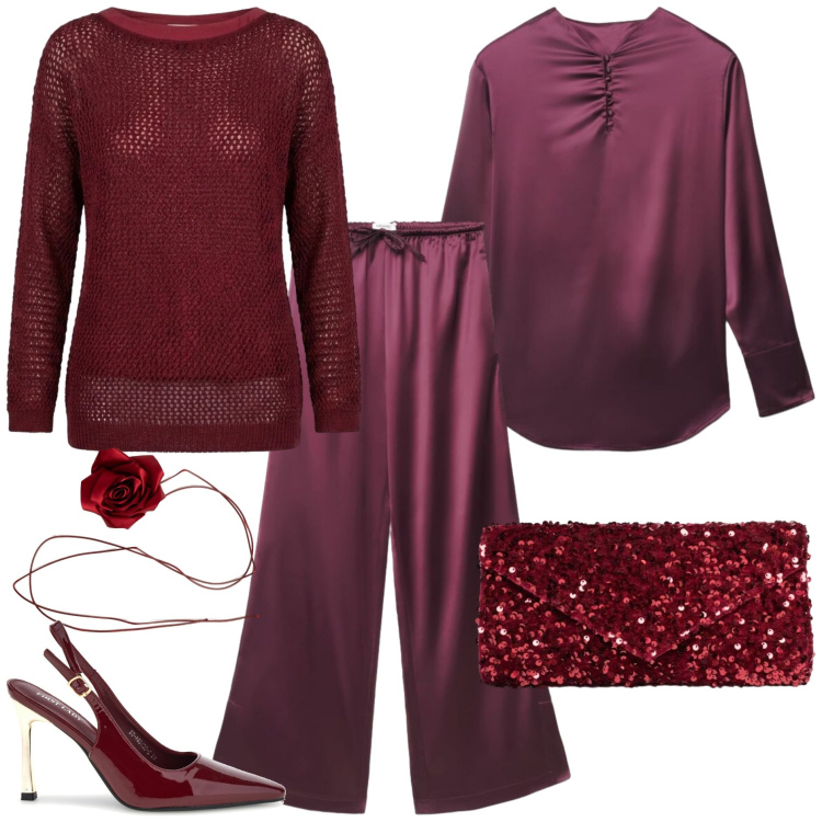 Outfit donna - Smart Layering Strategy. Stile Glamour per Serata fuori. Abbinamento con maglieria, collane, clutch, bluse, pantaloni a palazzo, décolleté.