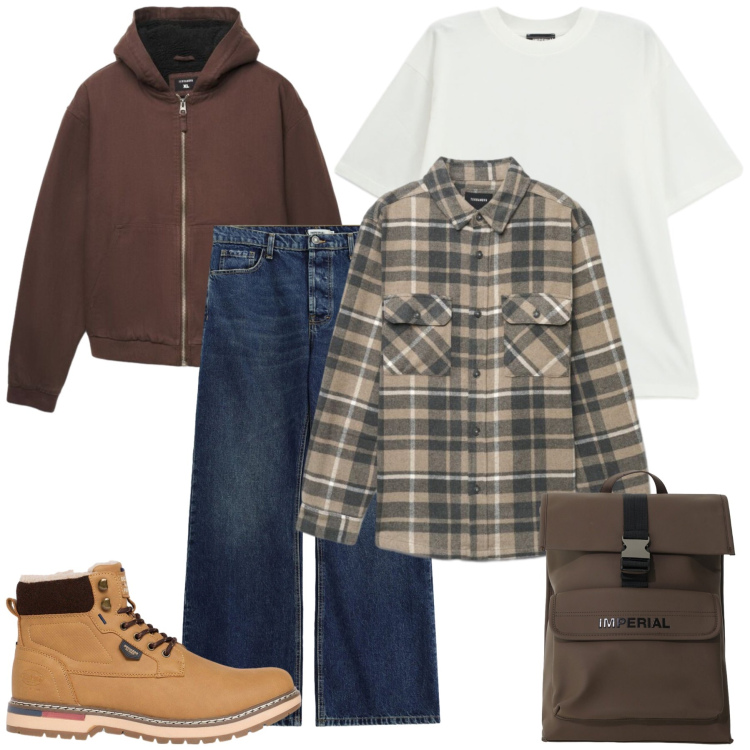 Outfit uomo - Total look #2492611. Stile Casual per Tutti i giorni. Abbinamento con jeans, borse sportive, t-shirt, camicie, giacche, stivali e stivaletti.