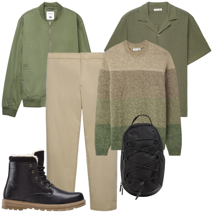 Outfit uomo - Total look #2492614. Stile Trendy per Tutti i giorni. Abbinamento con bomber, camicie a manica corta, maglieria, pantaloni chino, borse sportive, stivali e stivaletti.