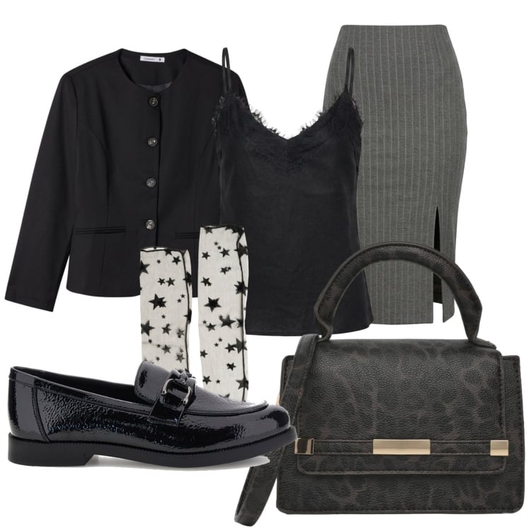 Outfit donna - La Capsule Wardrobe. Stile Glamour per Tutti i giorni. Abbinamento con calzini, top, gonne longuette, blazer, borse a tracolla, mocassini.