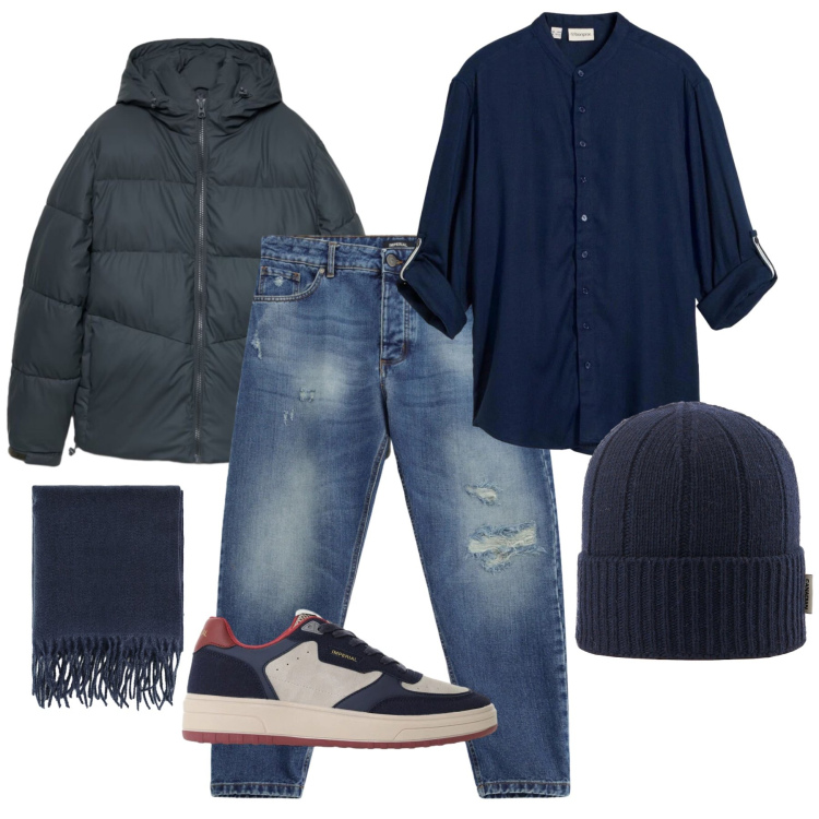 Outfit uomo - Total look #2492616. Stile Urban per Tutti i giorni. Abbinamento con jeans strappati, sneakers, sciarpe, berretti, piumini, camicie.