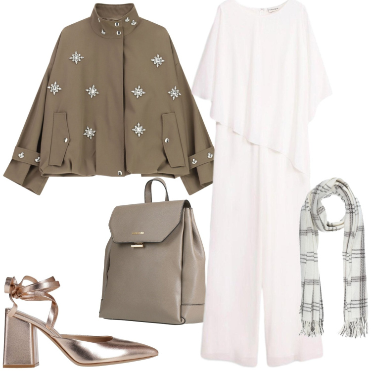Outfit donna - Casual chic. Stile Casual chic per Serata fuori. Abbinamento con bomber, décolleté, sciarpe, zaini, tute.