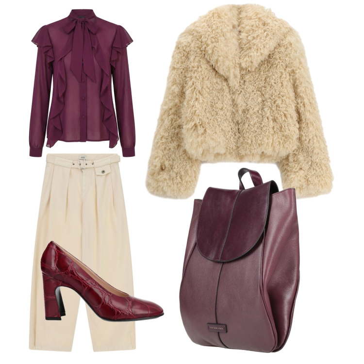 Outfit donna - Ecopelliccia beige. Stile Casual chic per Ufficio. Abbinamento con ecopellicce, bluse, pantaloni a palazzo, décolleté, zaini.