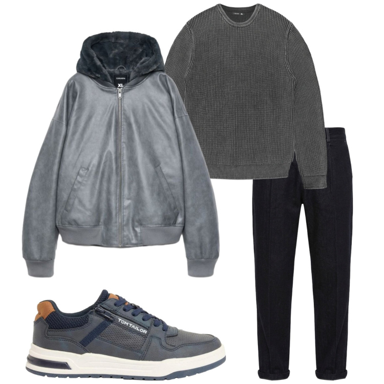 Outfit uomo - Temperatura in calo. Stile Urban per Tutti i giorni. Abbinamento con jeans, maglieria, bomber, sneakers.