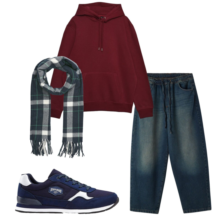 Outfit uomo - Casual style. Stile Casual per Tutti i giorni. Abbinamento con sciarpe, jeans, felpe con cappuccio, sneakers.
