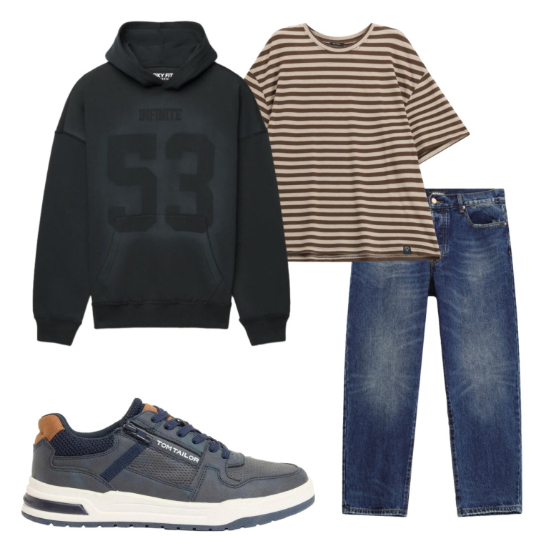Outfit uomo - Aperitivo con gli amici. Stile Casual per Serata speciale. Abbinamento con t-shirt, jeans dritti, felpe con cappuccio, sneakers.