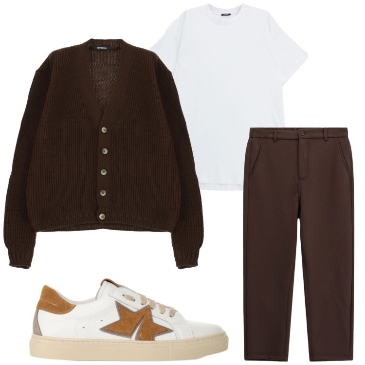 Outfit uomo - Serata fuori. Stile Casual per Serata speciale. Abbinamento con t-shirt, cardigans, sneakers, pantaloni.