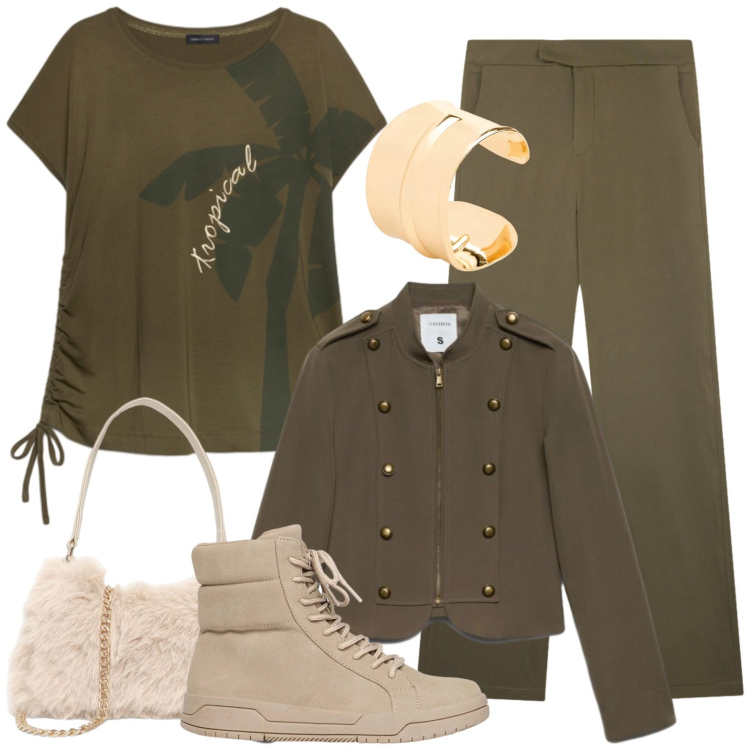 Outfit donna - Verde militare. Stile Casual per Tutti i giorni. Abbinamento con t-shirt, blazer, borse a spalla, pantaloni, braccialetti, stivaletti.