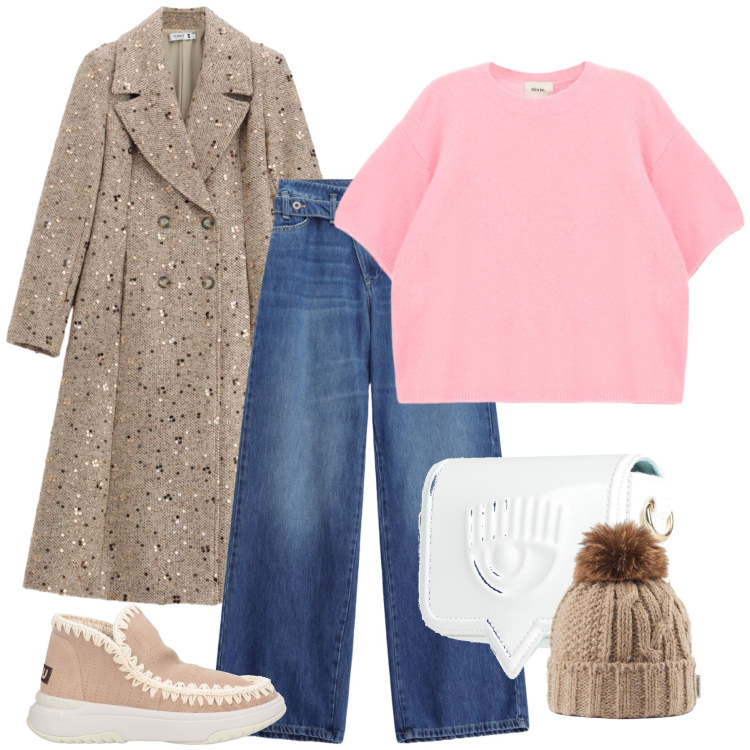Outfit donna - Total look #2492634. Stile Glamour per Tutti i giorni. Abbinamento con cappotti, jeans, maglieria, berretti, stivaletti, marsupi.