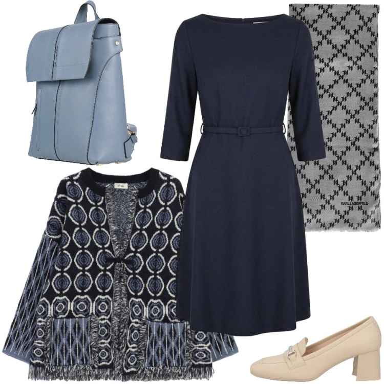 Outfit donna - Blu insolito. Stile Chic per Serata fuori. Abbinamento con vestiti midi/longuette, cardigans, sciarpe, mocassini, zaini.