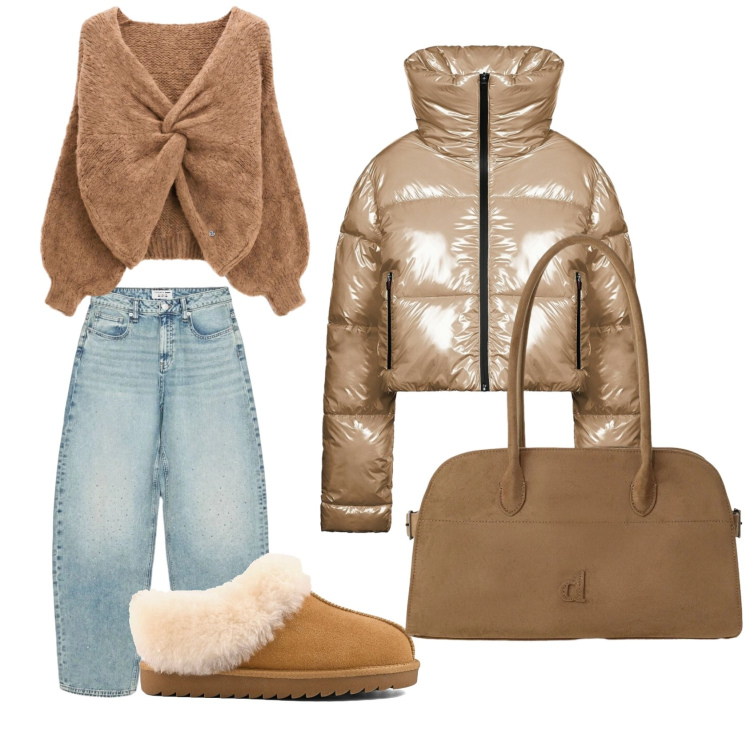 Outfit donna - All'università. Stile Casual per Scuola/Università. Abbinamento con maglieria, borse a spalla, piumini, jeans, stivali.