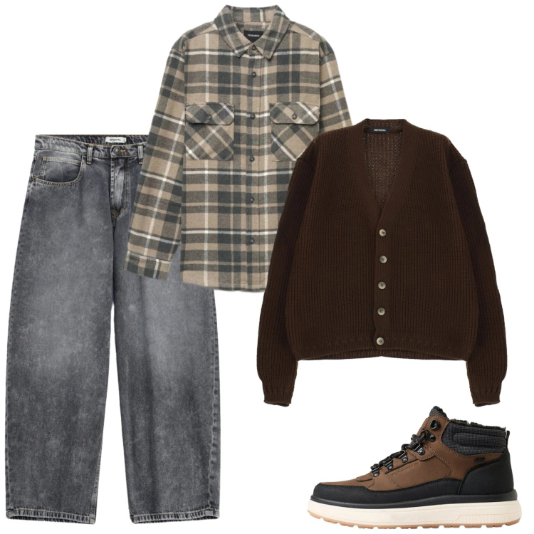 Outfit uomo - Grigio e moka. Stile Casual per Tutti i giorni. Abbinamento con jeans, cardigans, camicie, stivali e stivaletti.