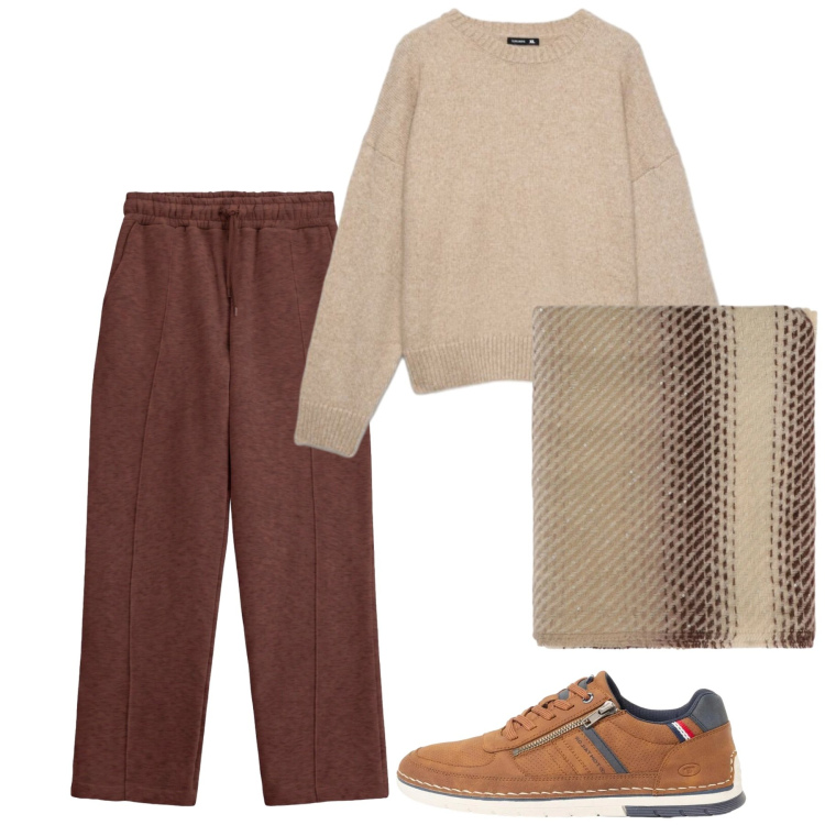 Outfit uomo - Tonalità autunno. Stile Trendy per Tutti i giorni. Abbinamento con pantaloni, sciarpe, maglieria, sneakers.