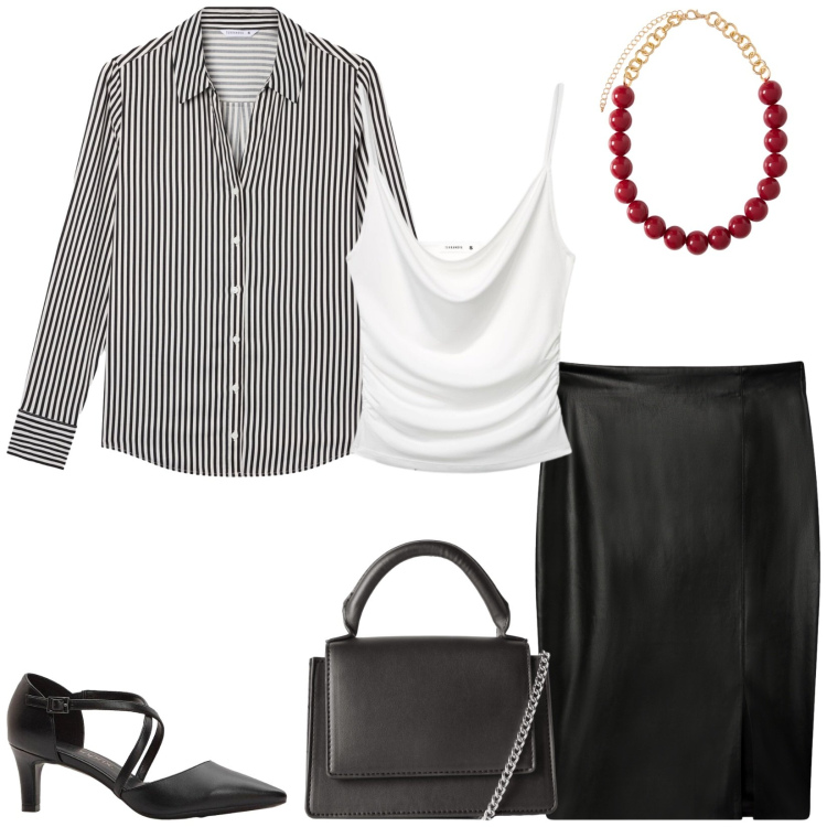 Outfit donna - Total look #2492668. Stile Chic per Serata fuori. Abbinamento con collane, borse a tracolla, camicie, gonne longuette, canottiere, décolleté.