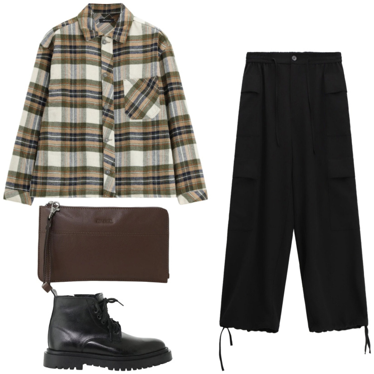 Outfit uomo - Total look #2492672. Stile Urban per Tutti i giorni. Abbinamento con camicie, anfibi, portafogli, pantaloni cargo.