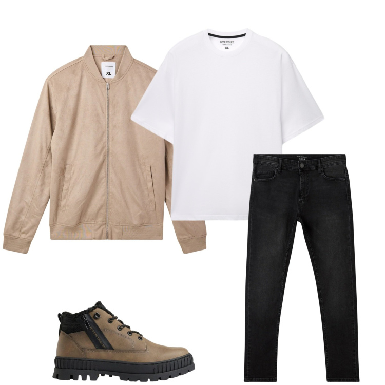 Outfit uomo - Total look #2492673. Stile Casual per Tutti i giorni. Abbinamento con jeans skinny, bomber, t-shirt, stivali e stivaletti.