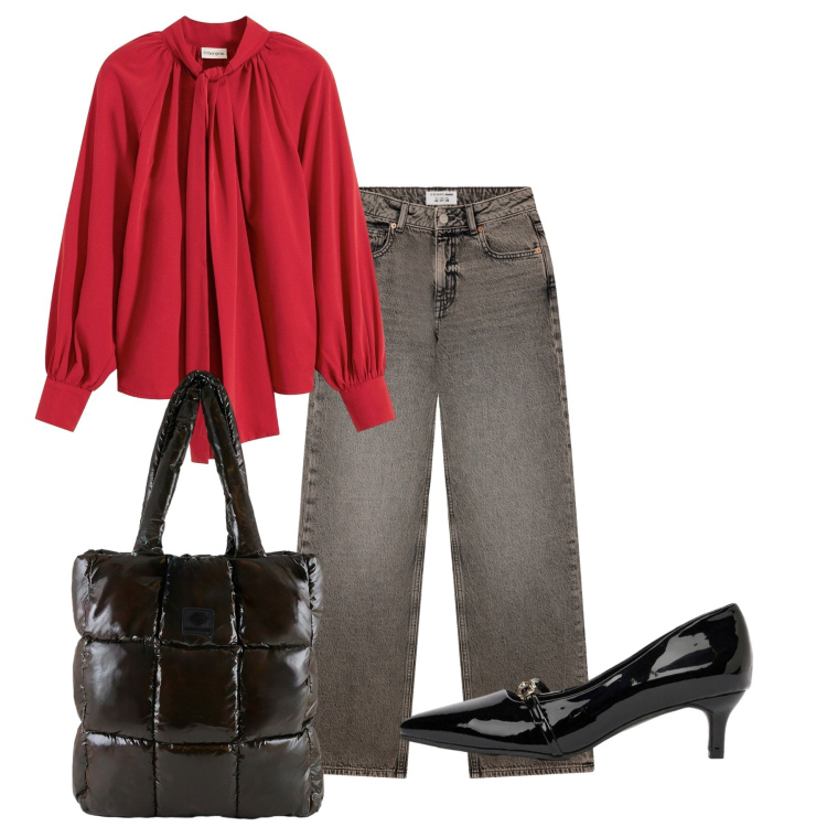 Outfit donna - Col fiocco. Stile Casual chic per Tutti i giorni. Abbinamento con shopping bag, jeans, camicie, décolleté.