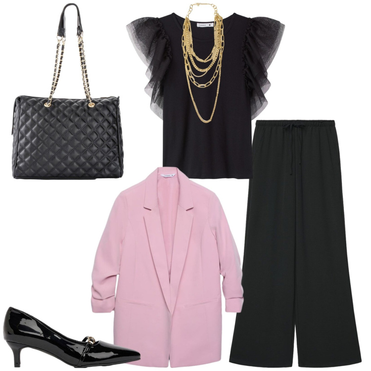 Outfit donna - Total look #2492681. Stile Chic per Serata fuori. Abbinamento con collane, t-shirt, blazer, pantaloni, décolleté, borse a mano.